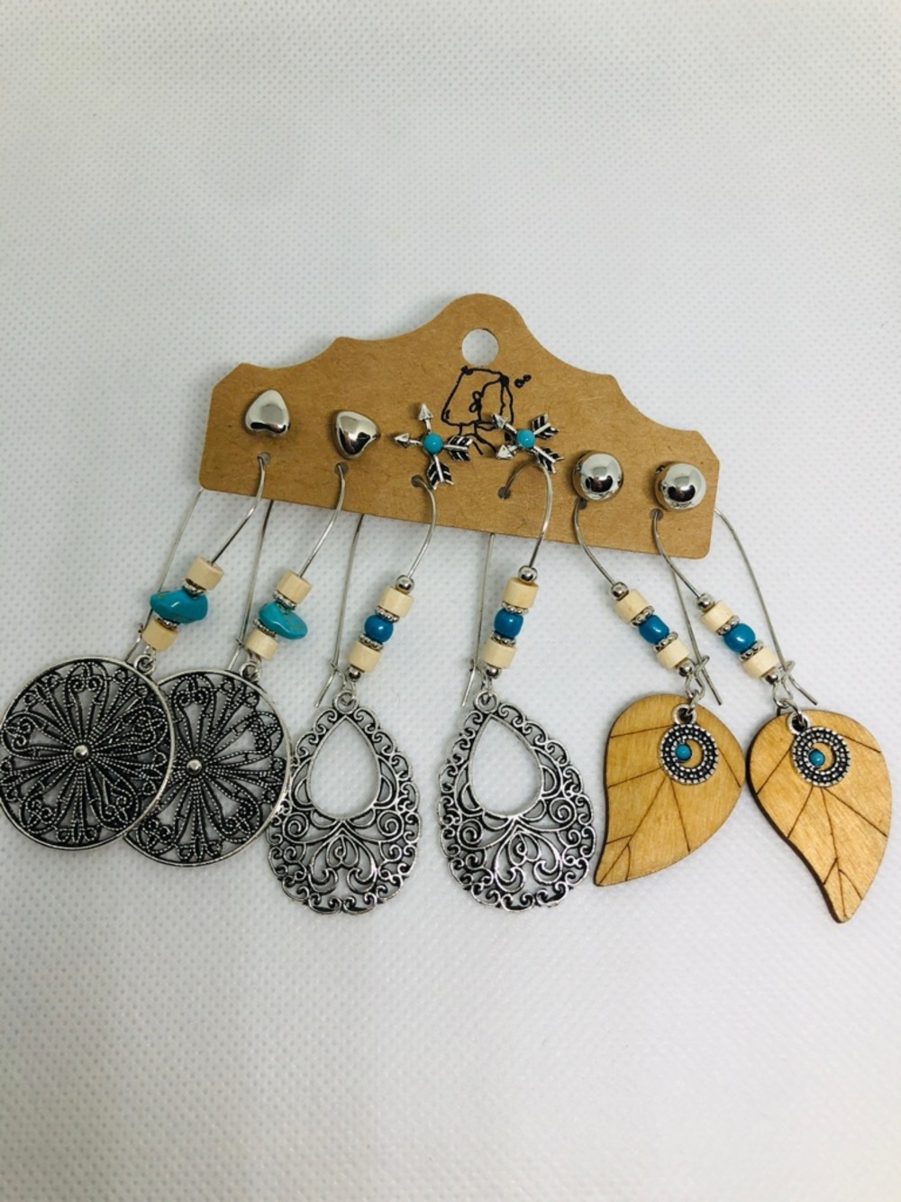 Boho Turquoise Silver and Wood Leaf Earring Set - Women Jewelry